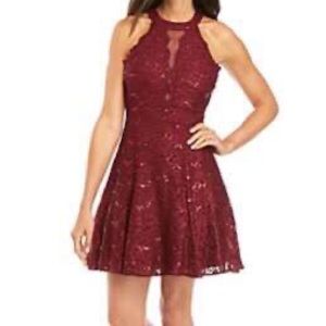 Sequin and lace scalloped halter neck dress